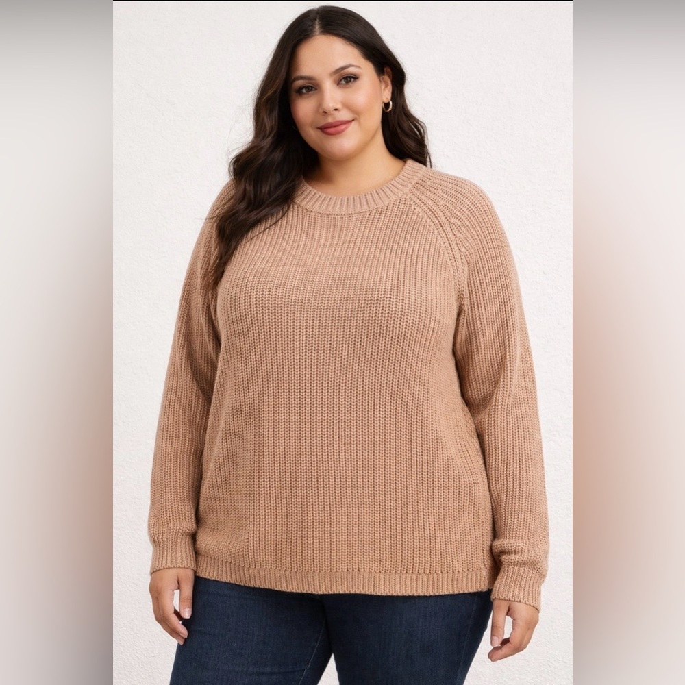Quince Fisherman Crew Sweater Camel Tan 100% Organic Cotton Shaker Knit 3X